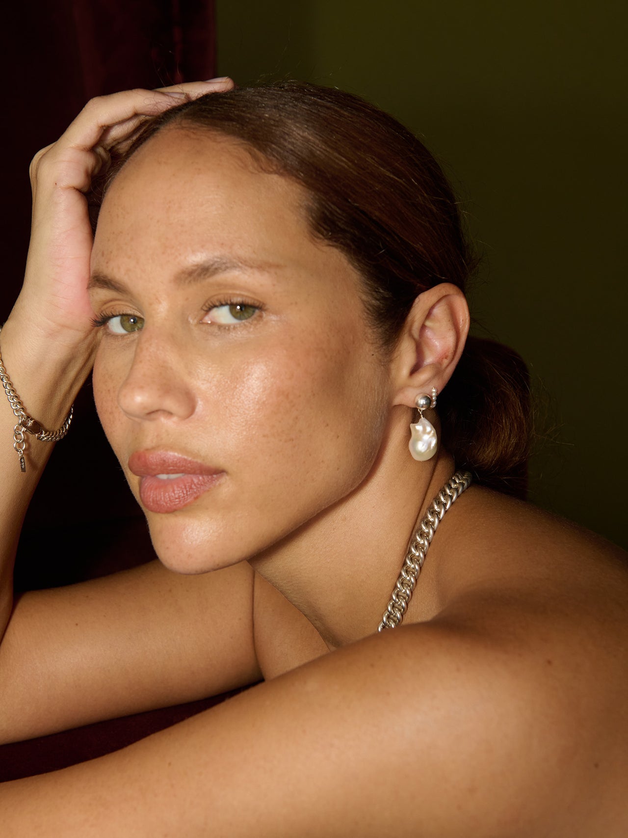 Sterling Silver & Freshwater Drop Earrings pictured on model. 