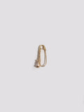 14kt Yellow Gold Mini Diamond White Sapphire Safety Pin pictured on white background. Laying on its side. 