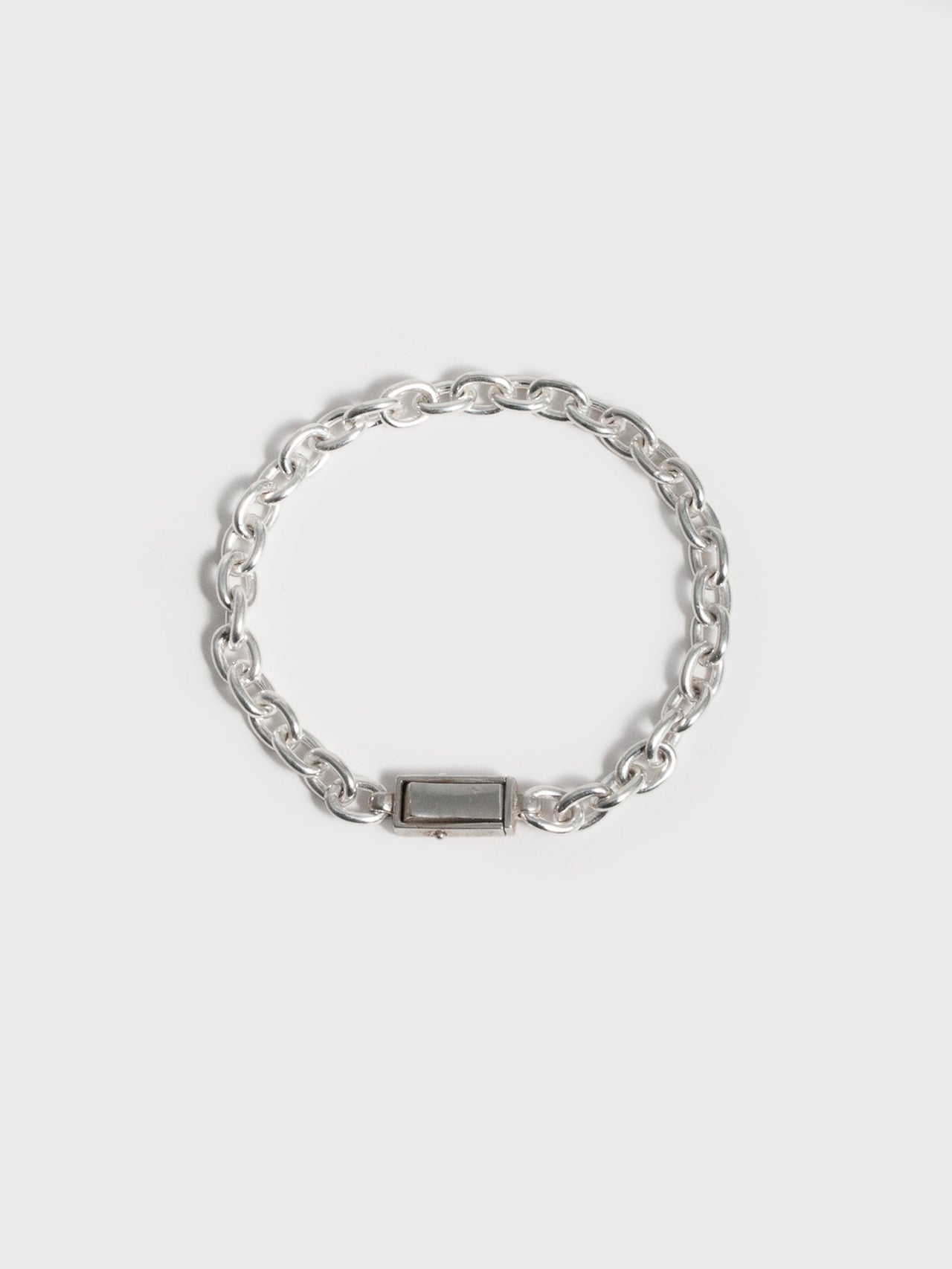  Silver Box Lock Cable Bracelet on light grey background.