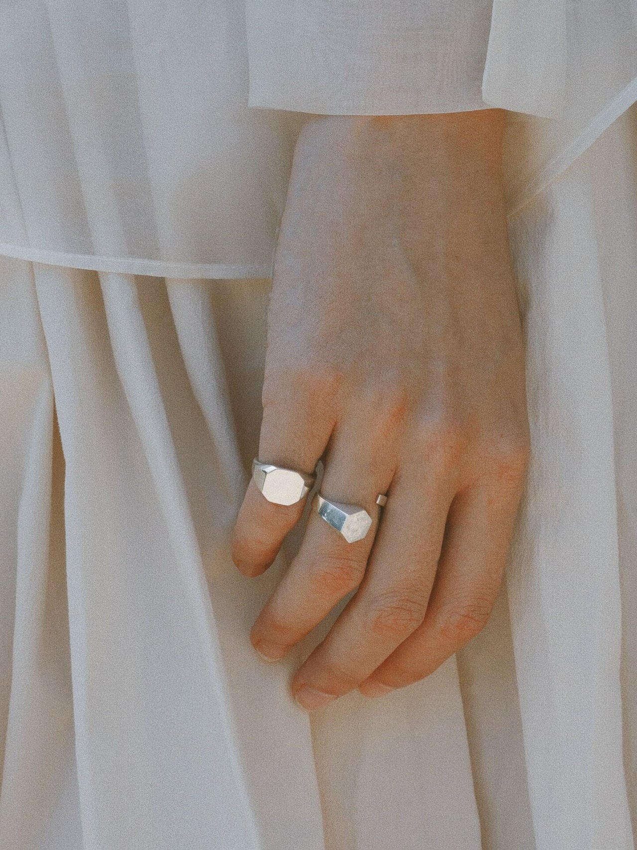 Sterling Silver Octagonal Signet pictured on models pinky finger. 