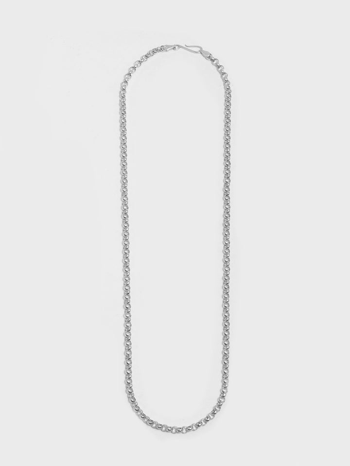 Sterling Silver Rolo Chain Necklace pictured on light grey background. 