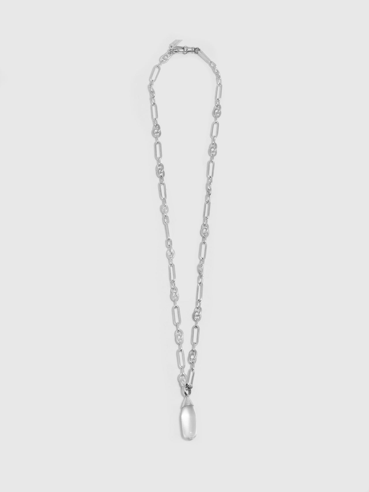 Sterling Silver Stone Teardrop Necklace pictured on light grey background. 