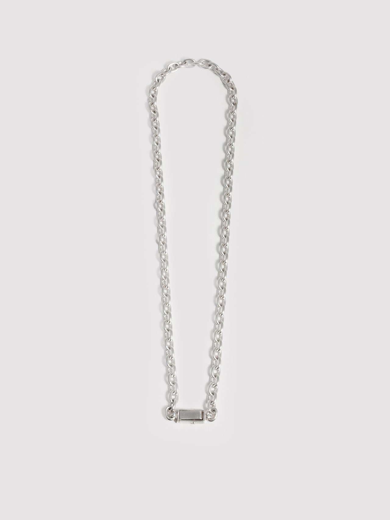  Silver Box Lock Cable Chain pictured on light grey background. 
 