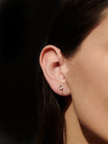 14kt Yellow Gold Teardrop Diamond Rod Studs pictured on models ear. Black background. 