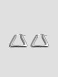 Sterling Silver Triangle Hoops pictured laying flat on light grey background. 