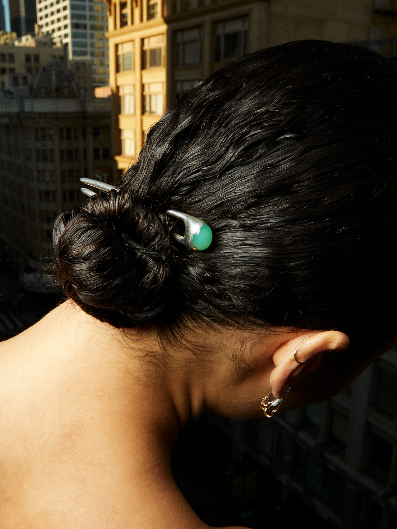 Sterling Silver Oracle Hair Pin pictured in models hair worn as accessory.