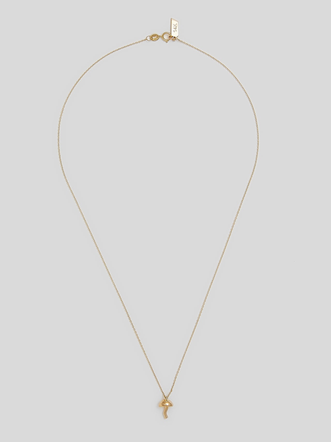 Product on image of thin yellow gold necklace with a small yellow gold mushroom pendant. 