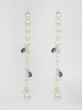 Satellite Pearl Earrings shot on Light Grey background. Mixed white pearls, blue london topaz gemstones.